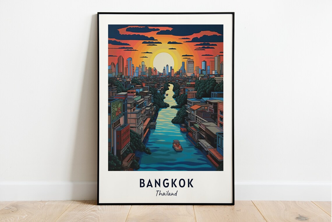 Bangkok Thailand River Boats Sunset Skyline View Travel Poster