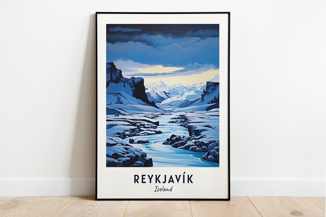 Reykjavik Iceland Icy Glacier River Winter Twilight Travel Poster