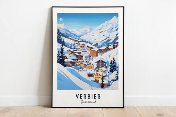 Verbier Switzerland Alpine Winter Ski Resort Night Scene Poster