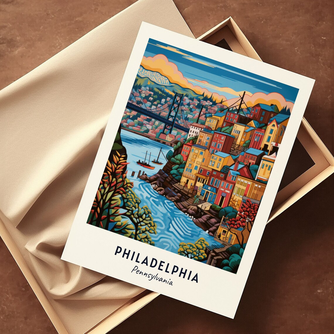 Philadelphia Pennsylvania Colorful Hillside Houses River Bridge Poster - Image 3
