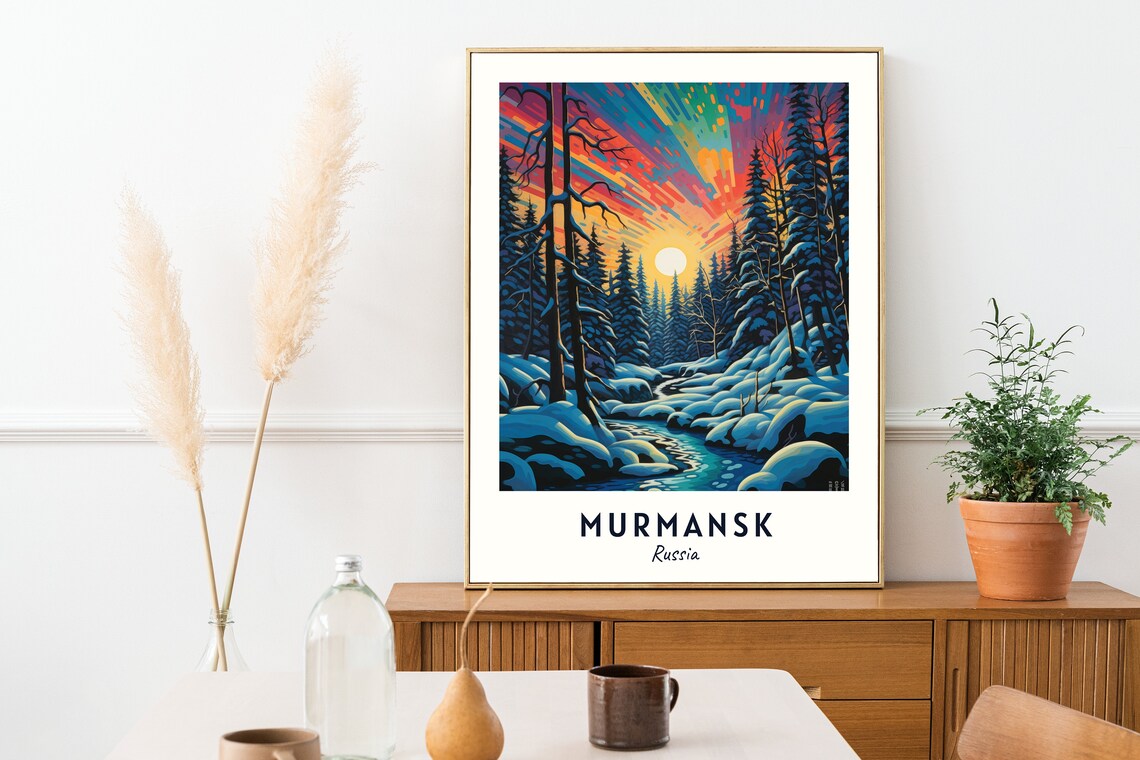 Murmansk Russia Snowy Forest Aurora Night Travel Poster Artwork - Image 2