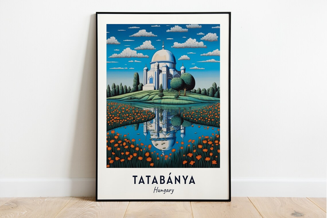 Tatabánya Hungary Domed Church Flower Lake Blooms Travel Poster