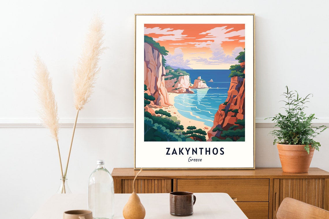 Zakynthos Greece Dramatic Cliffs Beach Cove Sunset Travel Poster - Image 2
