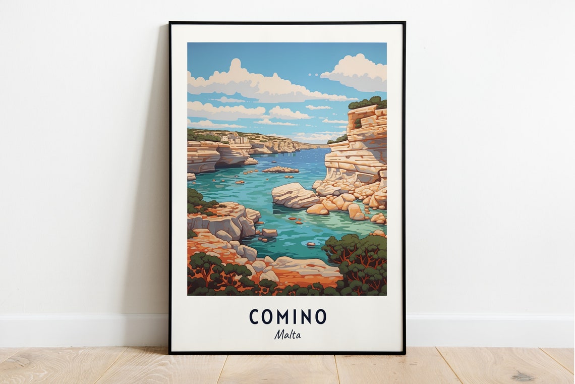 Comino Malta Turquoise Lagoon Rocky Cliffs Coastal Travel Poster