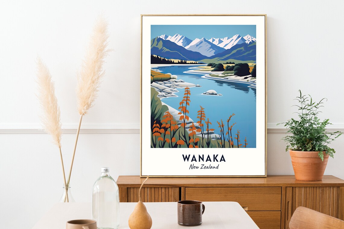 Wanaka New Zealand Alpine Lake Snow Capped Peaks Autumn Travel Poster - Image 2