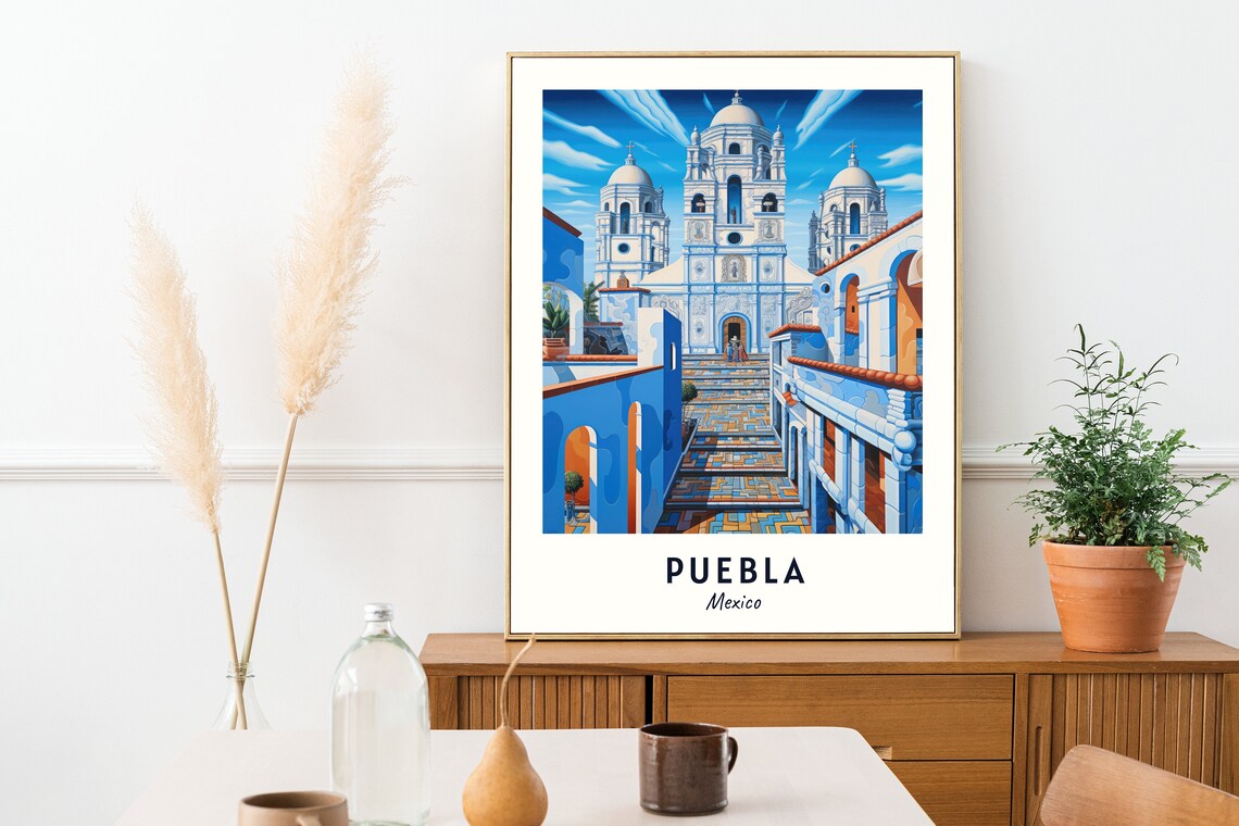 Puebla Cathedral Twin Bell Towers Historic Mexico Travel Poster - Image 2