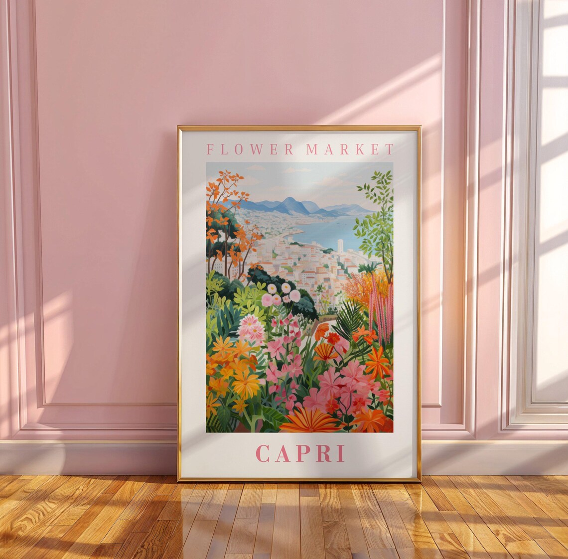 Capri Flower Market Coastal Hillside Bay View Italian Travel Poster - Image 3