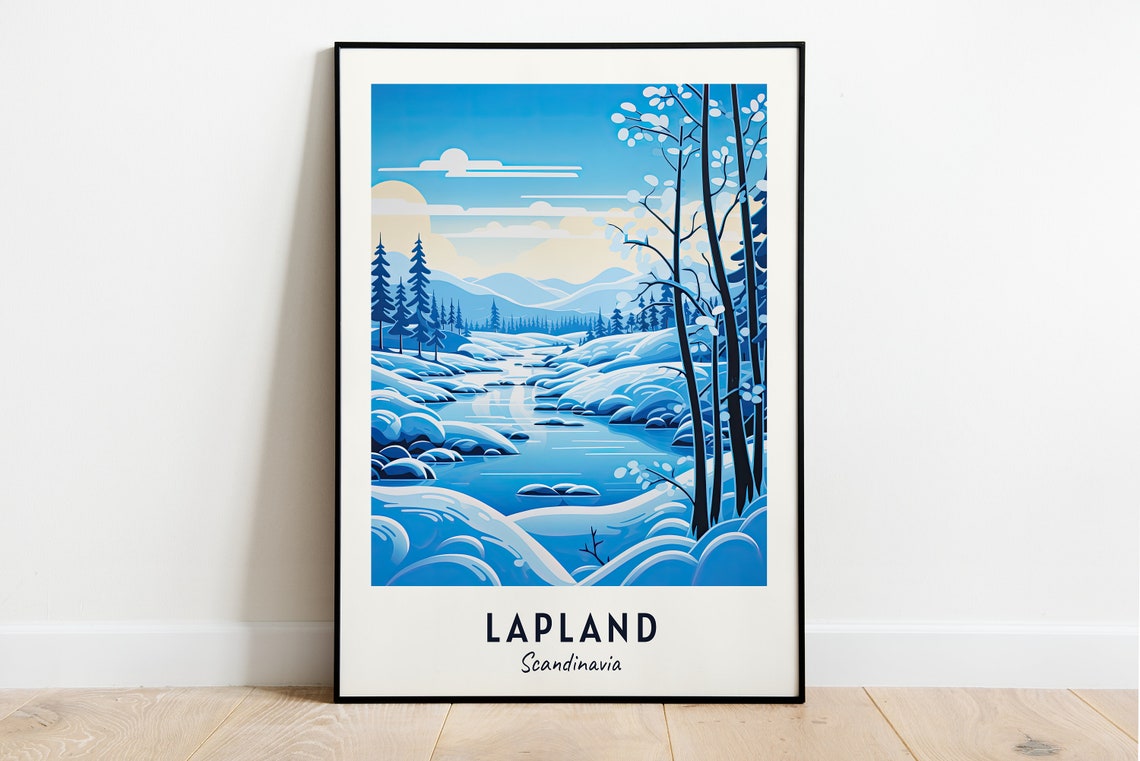 Lapland Scandinavia Snowy River Forest Winter Landscape Travel Poster