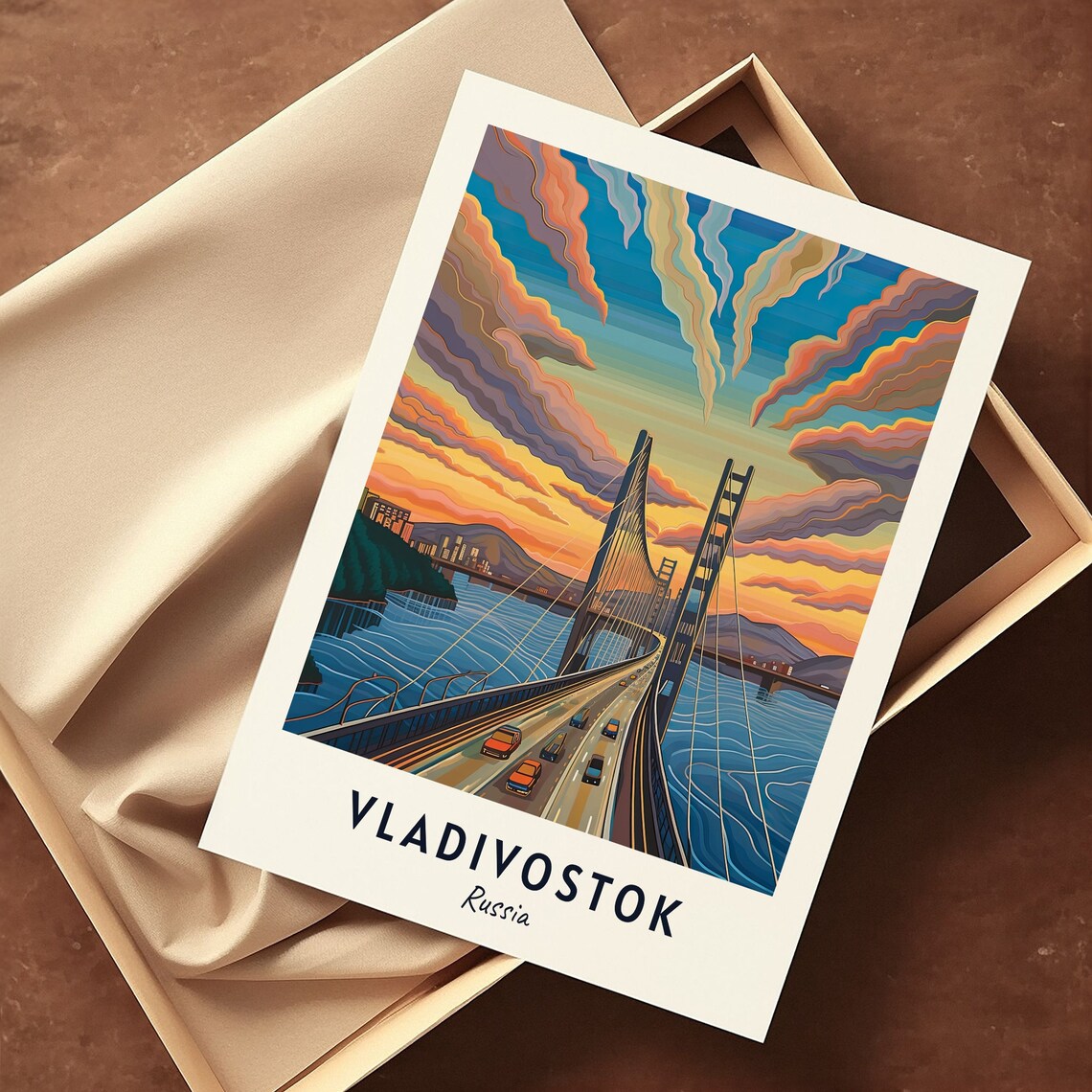 Vladivostok Russia Russky Bridge Sunset Cars Scene Travel Poster - Image 3