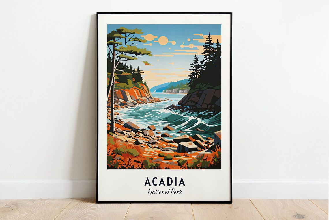 Acadia National Park Rugged Maine Coast Pine Forest Waves Poster