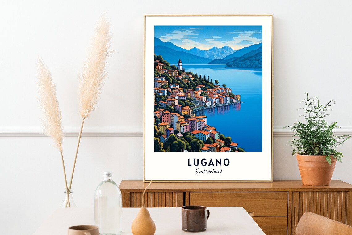 Lugano Switzerland Lakeside Hillside Town Lake View Travel Poster - Image 2
