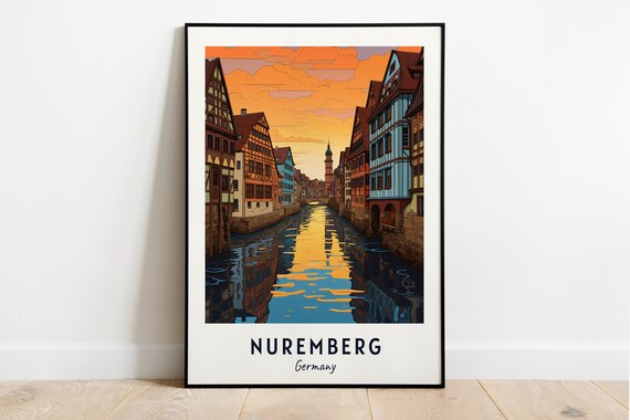 Nuremberg Germany Sunset Canal Half Timbered Travel Poster Home Decor