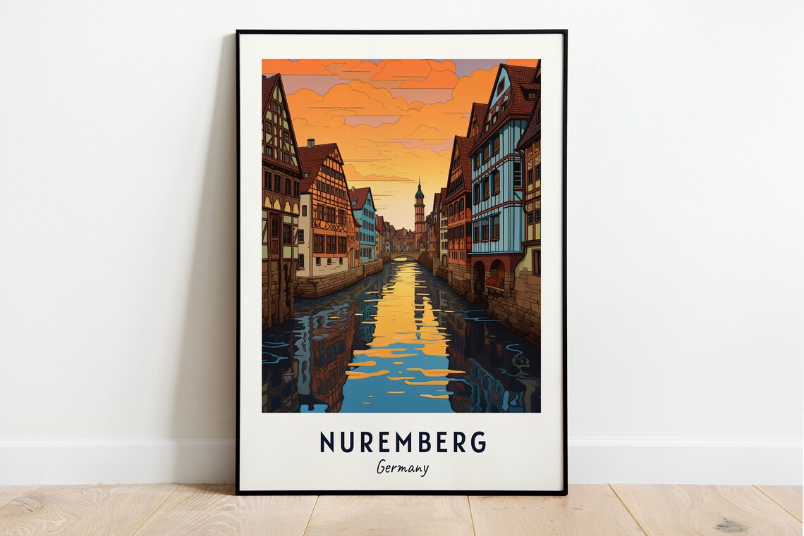 Nuremberg Germany Sunset Canal Half Timbered Travel Poster Home Decor