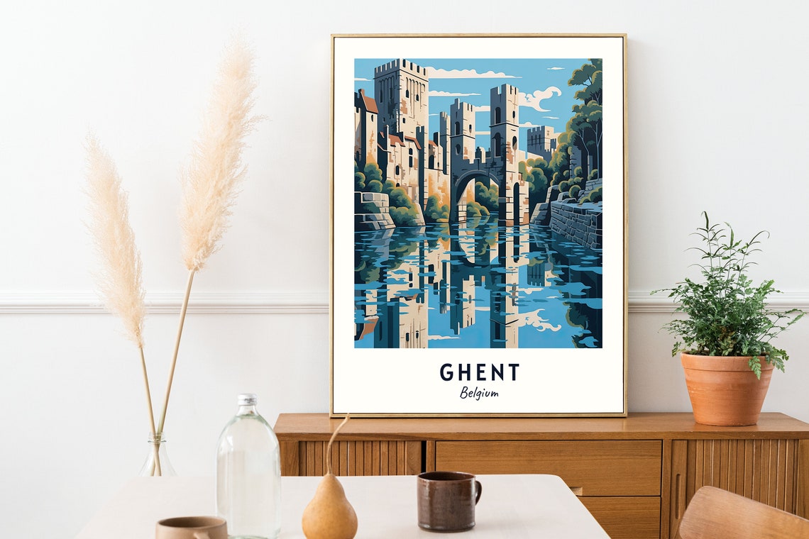 Ghent Belgium Medieval Gravensteen Castle Canal Reflection Poster - Image 2