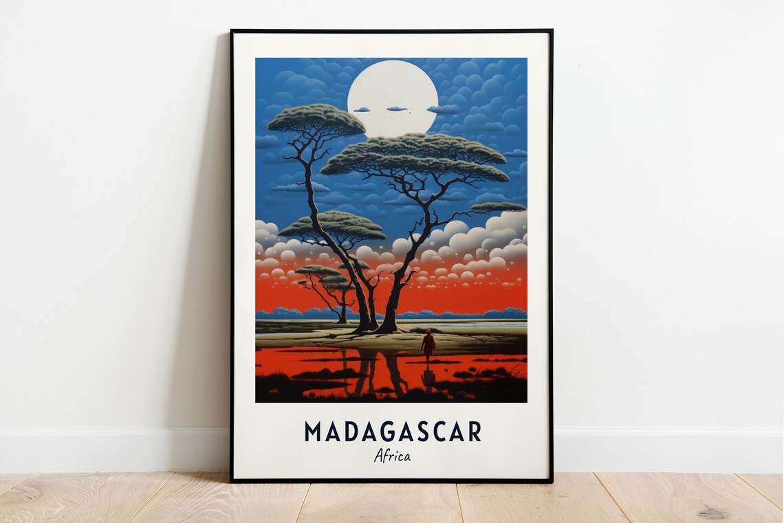 Madagascar Baobab Trees Red Moon Sunset Africa Travel Poster