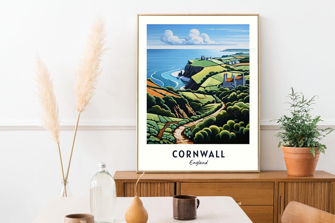 Cornwall England Coastal Cliffs Church Countryside Travel Poster - Image 2