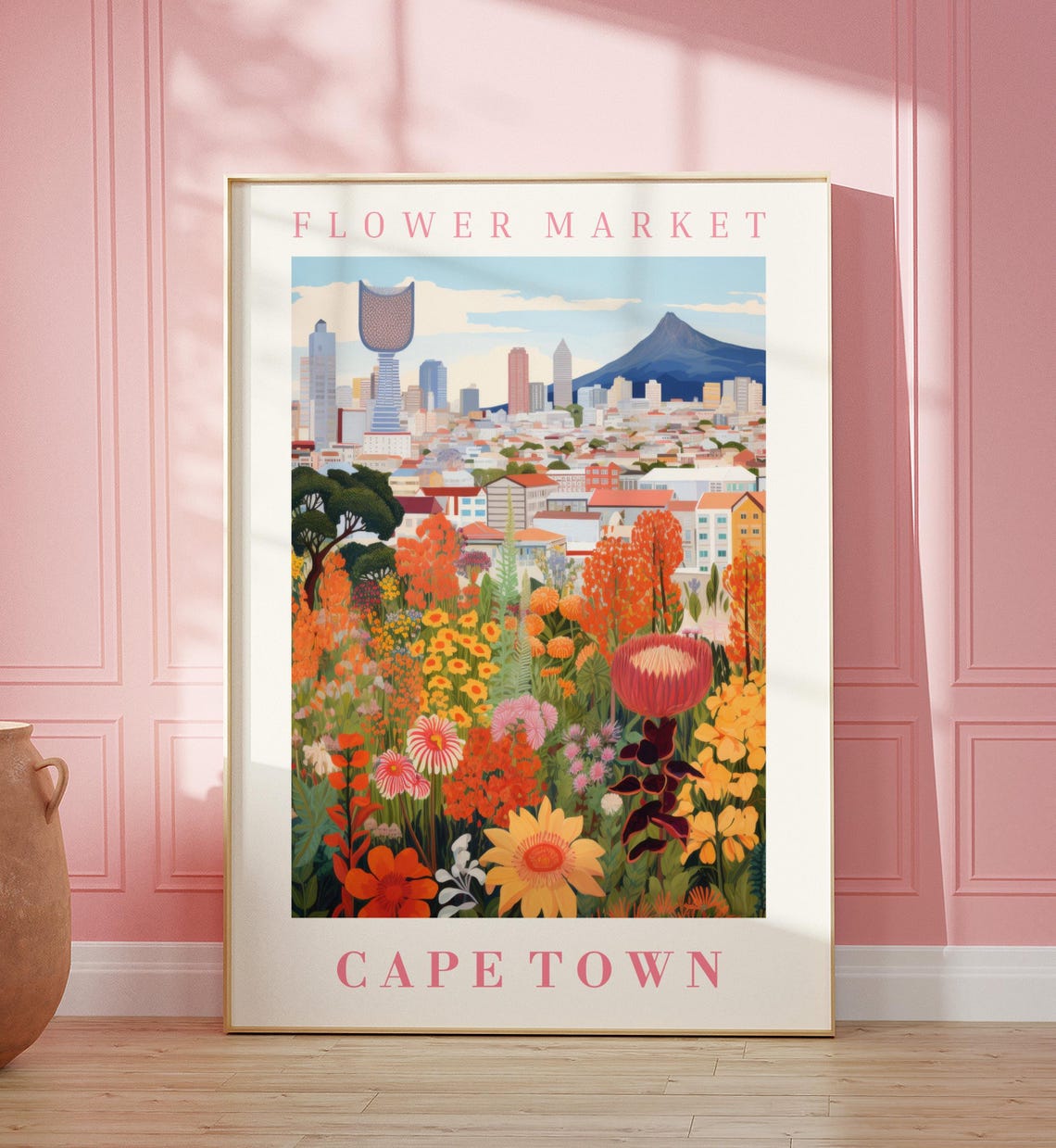 Cape Town Flower Market Protea Bloom City Skyline Travel Poster