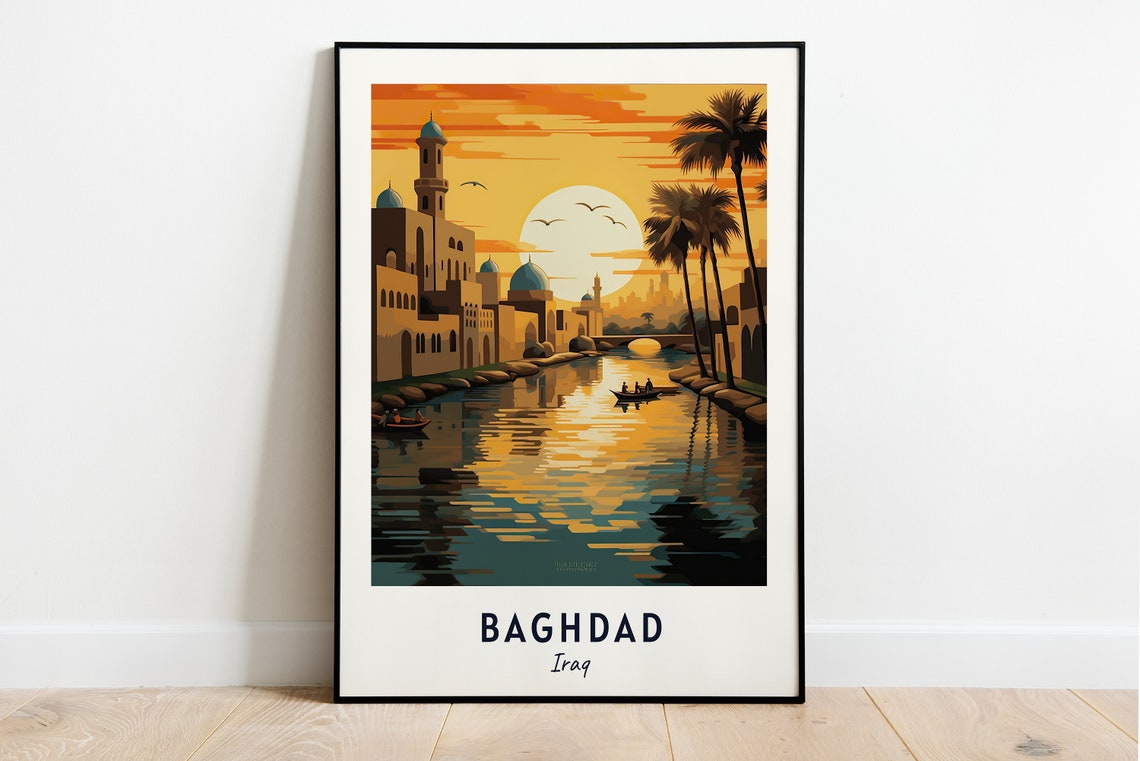 Baghdad Iraq Golden Sunset River Mosque Skyline Travel Poster