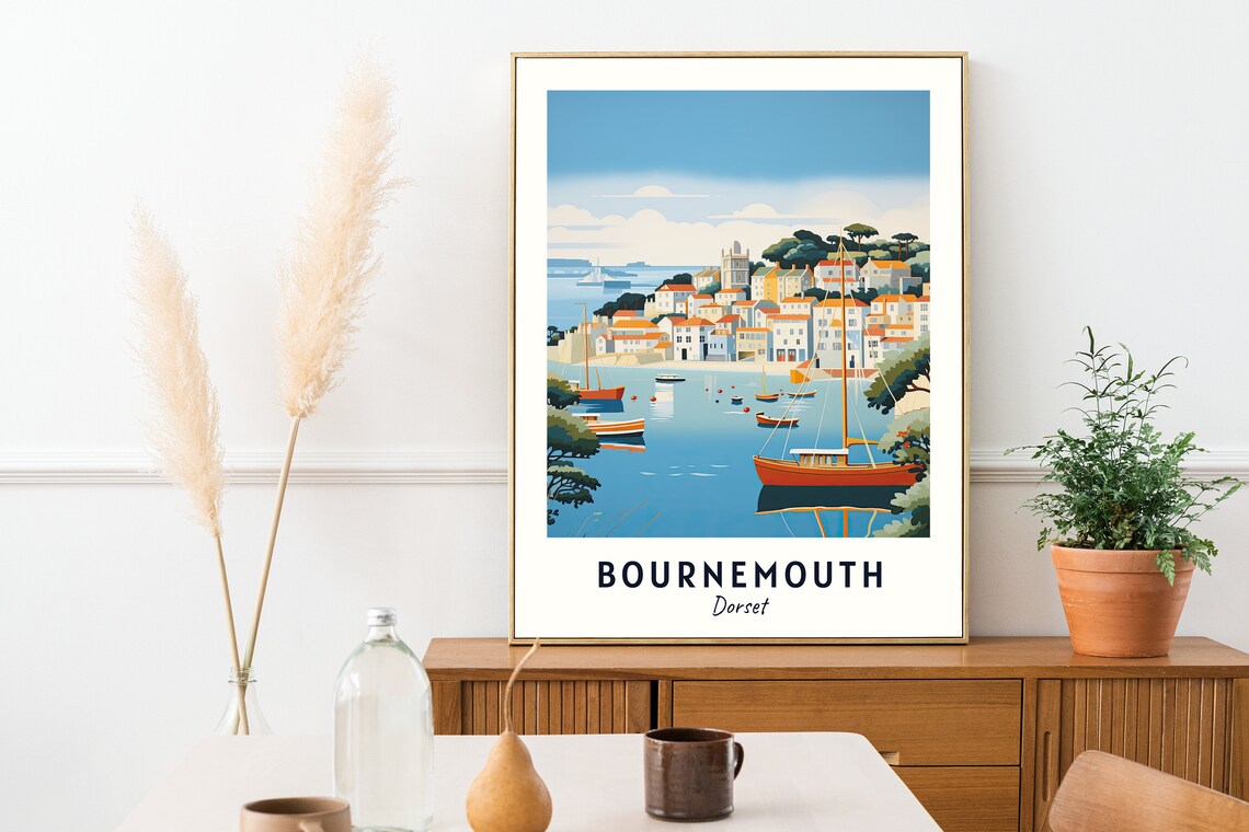 Bournemouth Dorset Harbor With Sailboats Hillside Town Poster - Image 2