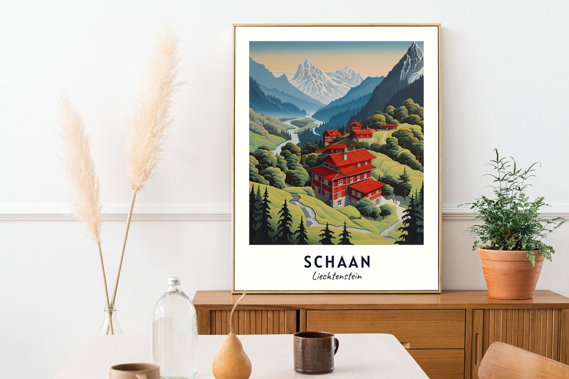Schaan Liechtenstein Red Roofed Lodges In An Alpine Valley Poster - Image 2