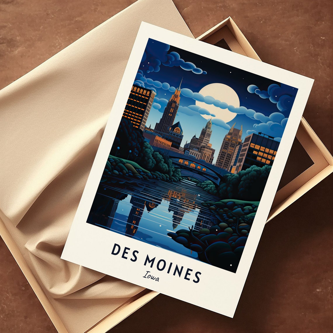 Des Moines Iowa Night Skyline Full Moon River Reflection Travel Poster - Image 3