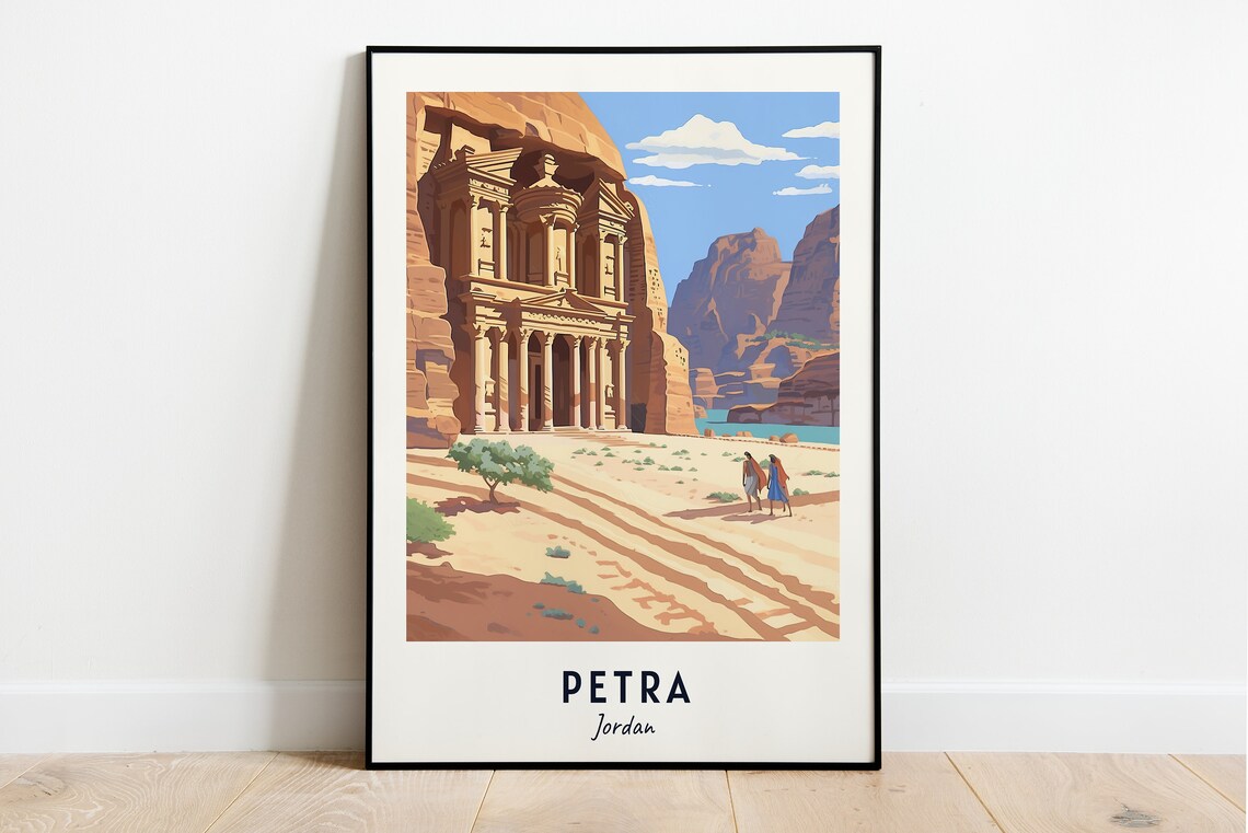 The Rose-Red Treasury Facade of Ancient Petra Jordan Travel Poster