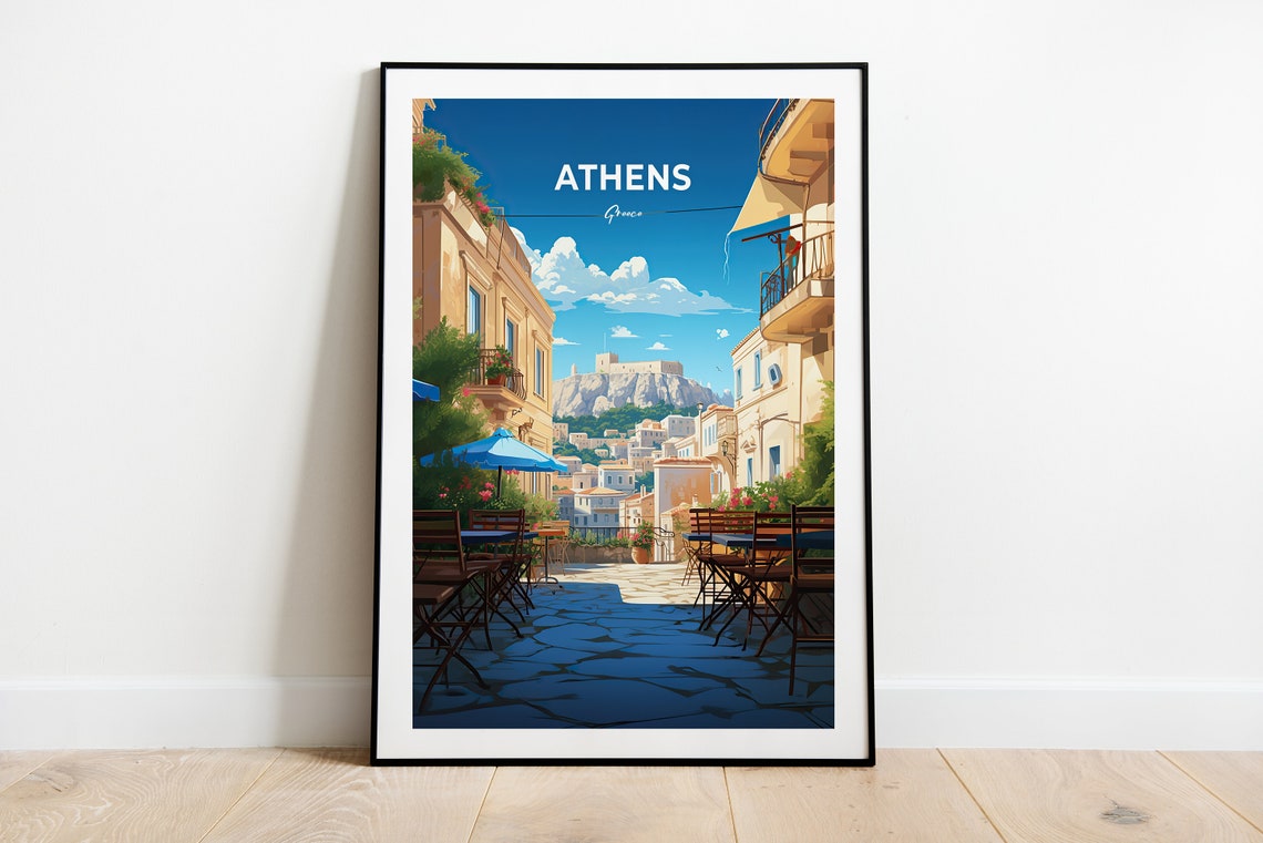 Athens Greece Acropolis Cafe Street Sunny Old Town Vista Poster - Image 3
