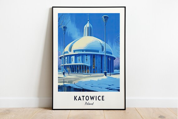 Katowice Spodek Dome Arena Winter Dusk Snow Scene Travel Poster
