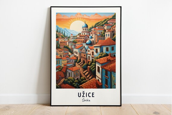 Uzice Old Town Sunrise over the Hills Serbia Vintage Travel Poster