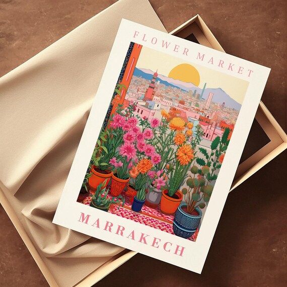 Marrakech Flower Market Poster Wall Decor Morocco Floral Illustration Botanical Gallery Wall Art Gift For Friend Travel Poster Modern
