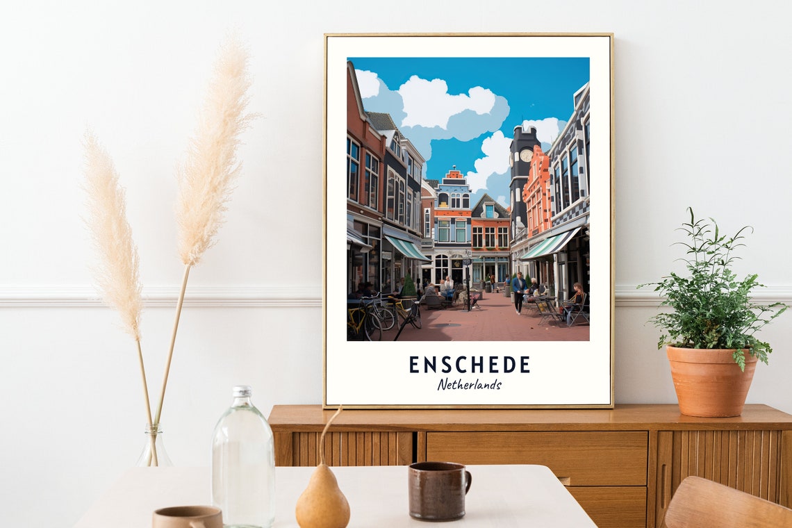 Enschede Netherlands Dutch Street Cafe Bicycles Colorful Travel Poster - Image 2