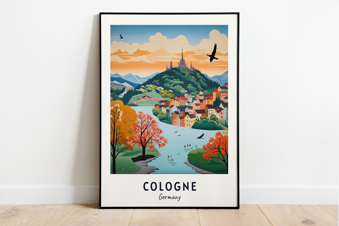 Cologne Germany Riverside Autumn Scene Cathedral On Hill Poster