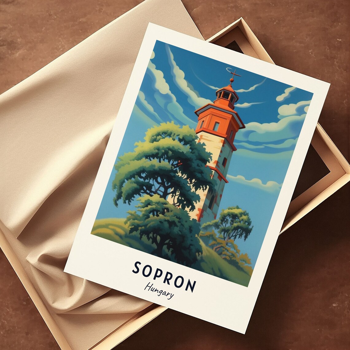Sopron Hungary Fire Tower Hill Illustrated Landmark Travel Poster - Image 3