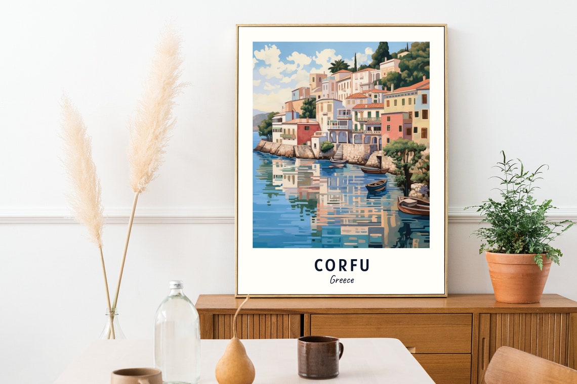 Corfu Greece Old Town Waterfront Houses Harbor Boats Travel Poster - Image 2