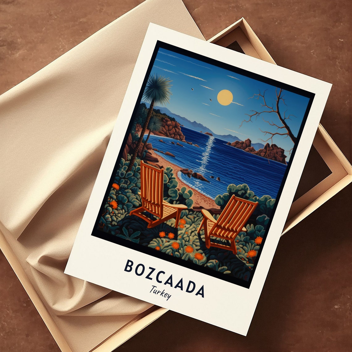 Bozcaada Turkey Beach Chairs Sunset Cove Minimalist Travel Poster - Image 3