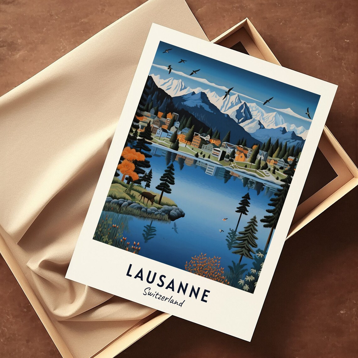 Lausanne Switzerland Alpine Lake Village Peaks Travel Poster - Image 3
