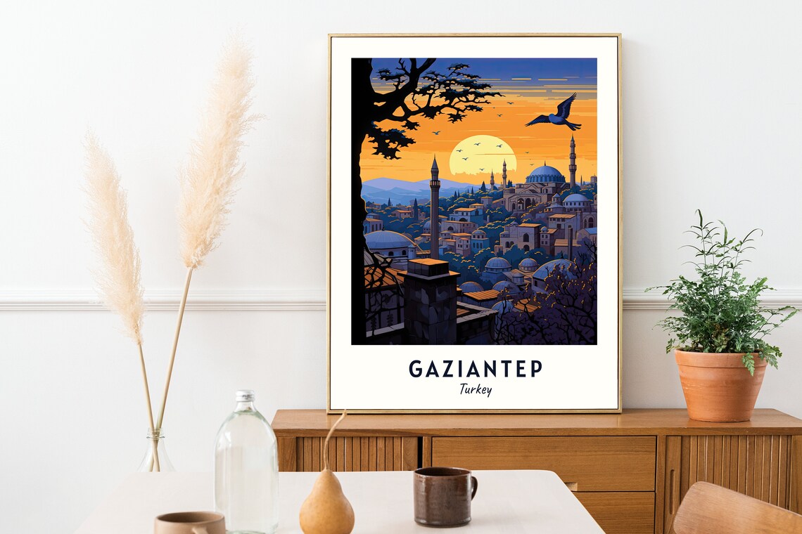 Gaziantep Turkey Old Town Sunset With Domes Minarets And Birds Poster - Image 2