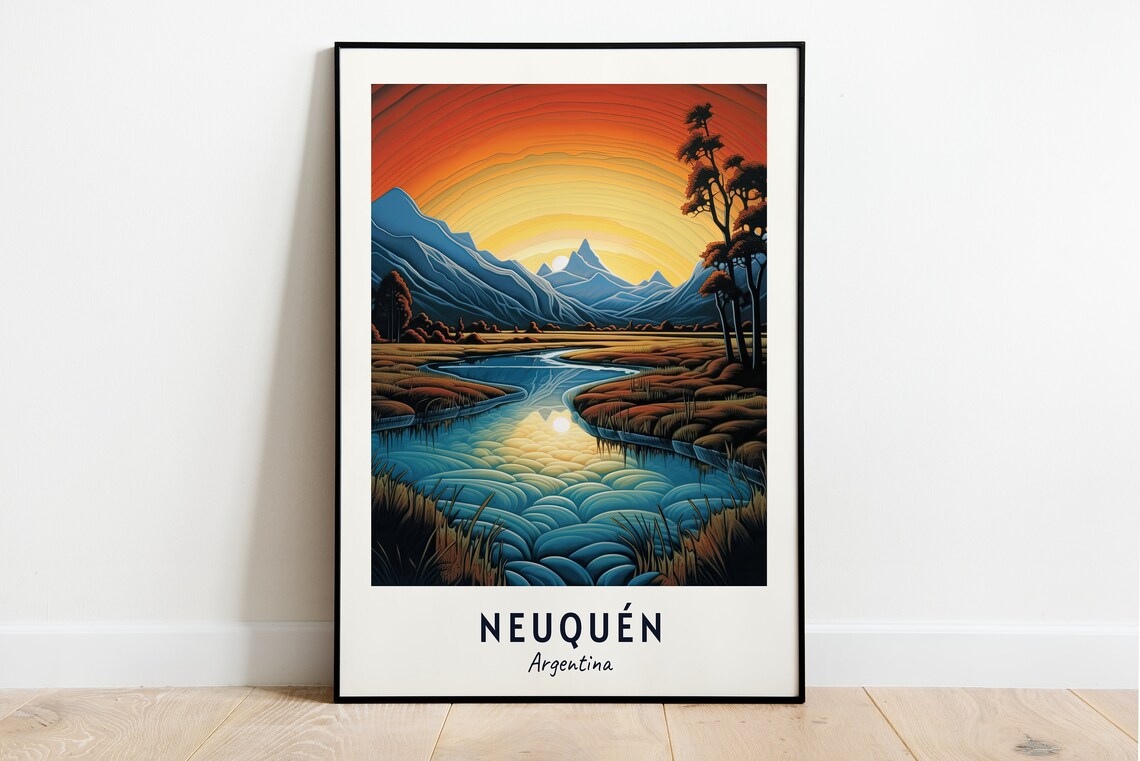 Neuquen Argentina Mountain Lake Under A Fiery Orange Sunset Poster