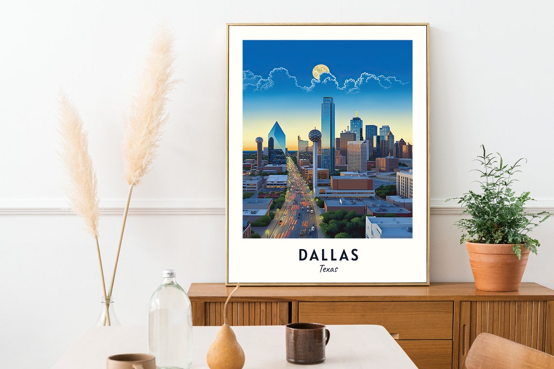Dallas Texas Reunion Tower Dusk Moonlit Skyline Travel Poster - Image 2