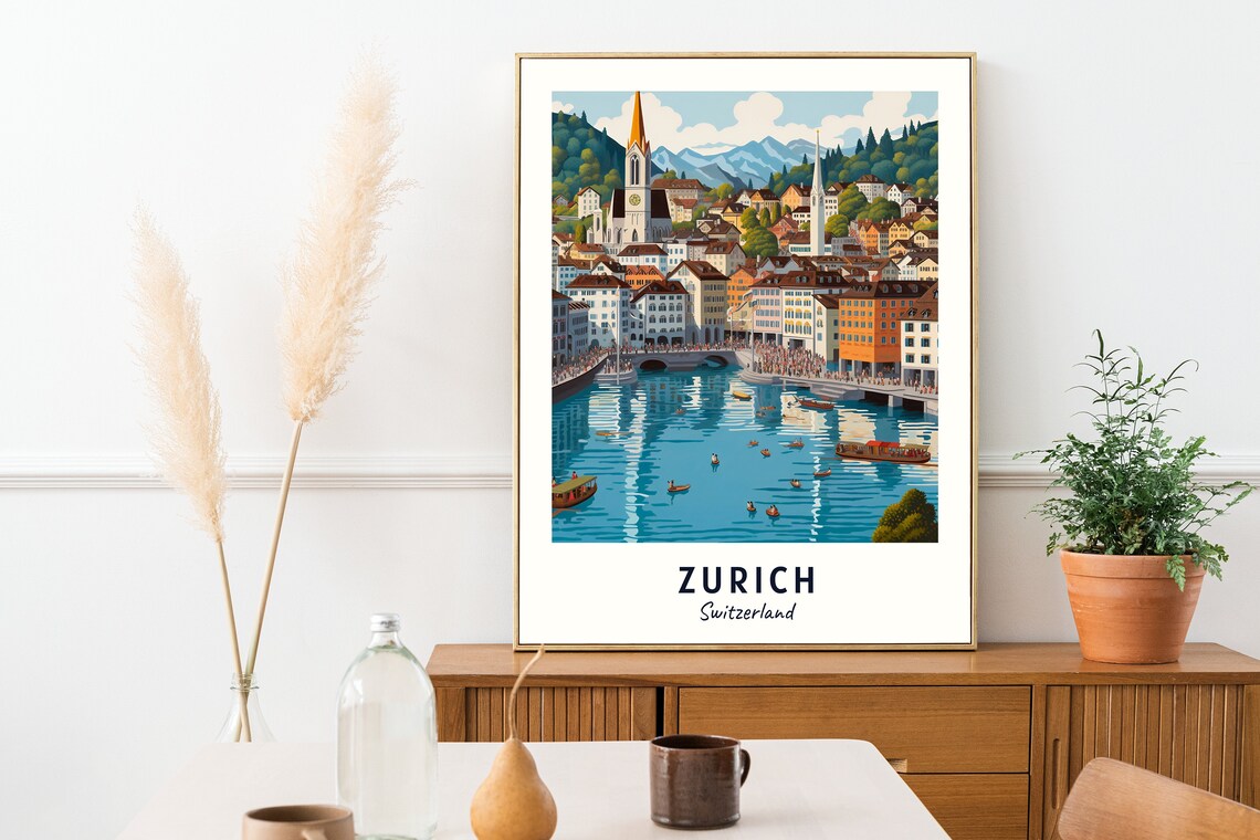 Zurich Switzerland Old Town River Boats Daytime View Travel Poster - Image 2