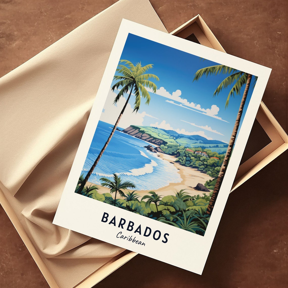 Barbados Caribbean Palm Fringed Beach Cliffs Daytime Travel Poster - Image 3