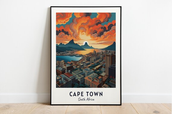 Cape Town South Africa Travel Poster with Table Mountain Sunset