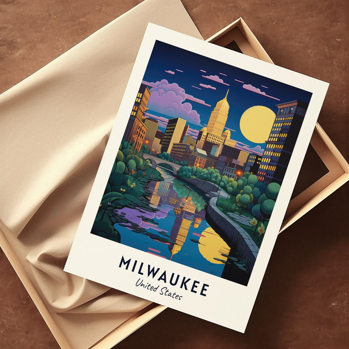 Milwaukee Wisconsin Moonlit Skyline River Reflection Night Poster - Image 3