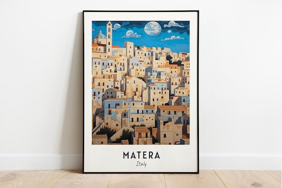 Matera Moonlit Hillside Old Town Stone Houses Night Travel Poster