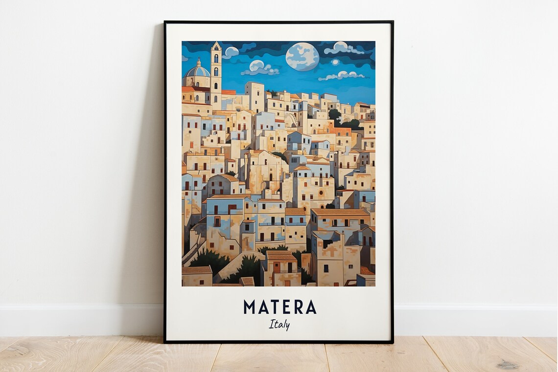 Matera Moonlit Hillside Old Town Stone Houses Night Travel Poster