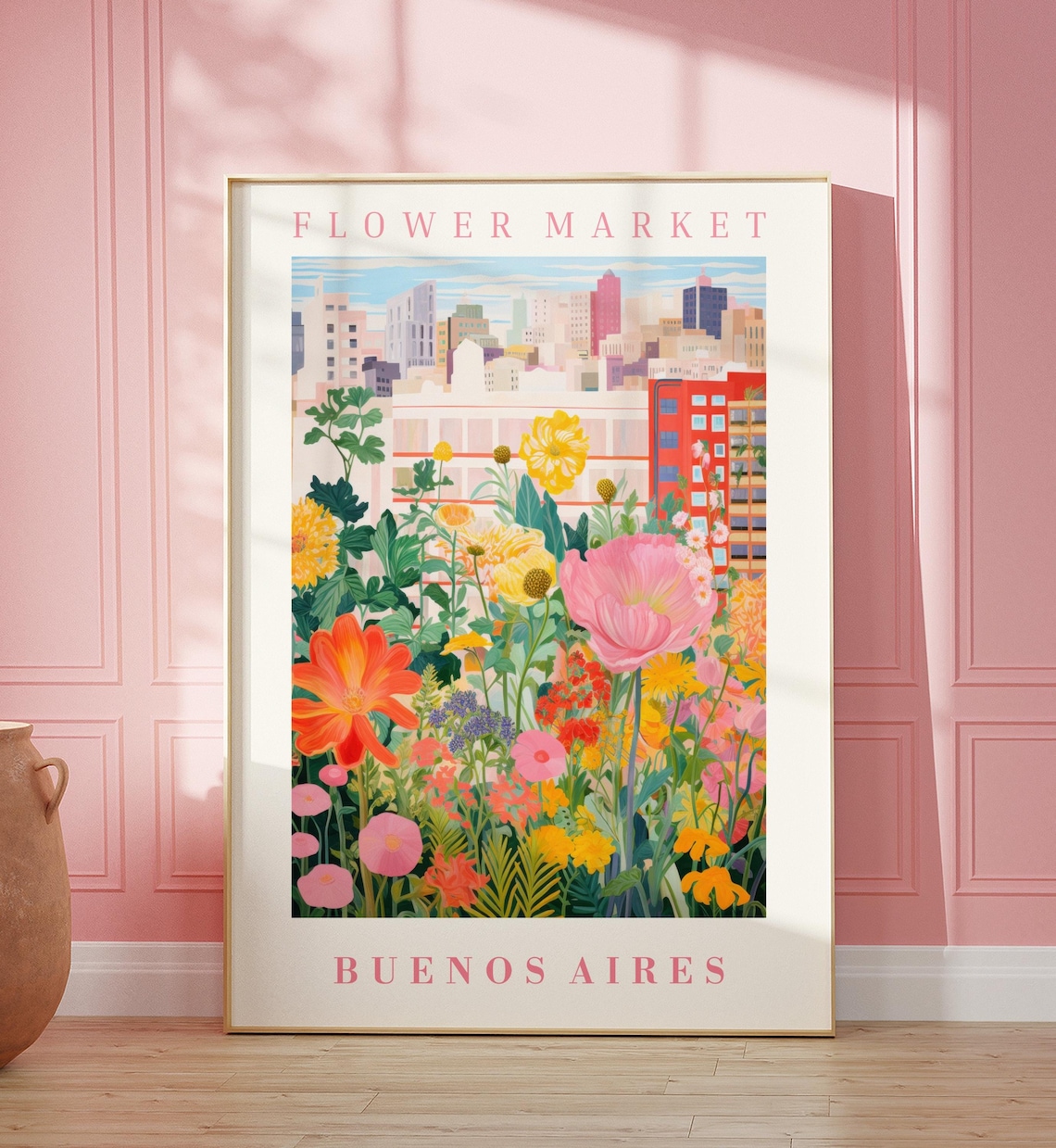 Buenos Aires Flower Market Poster with Pastel Poppy Skyline Garden