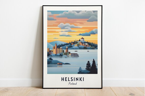Helsinki Harbor Sunset Ferries Pastel Striped Sky Travel Poster