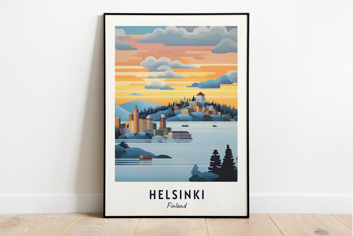 Helsinki Harbor Sunset Ferries Pastel Striped Sky Travel Poster