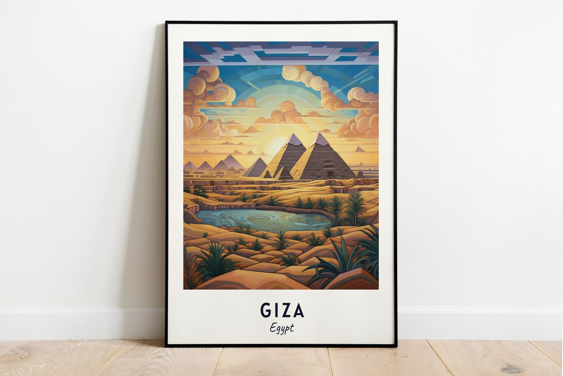 Giza Egypt Pyramids Desert Oasis Pond Palm Trees Sunrise Poster