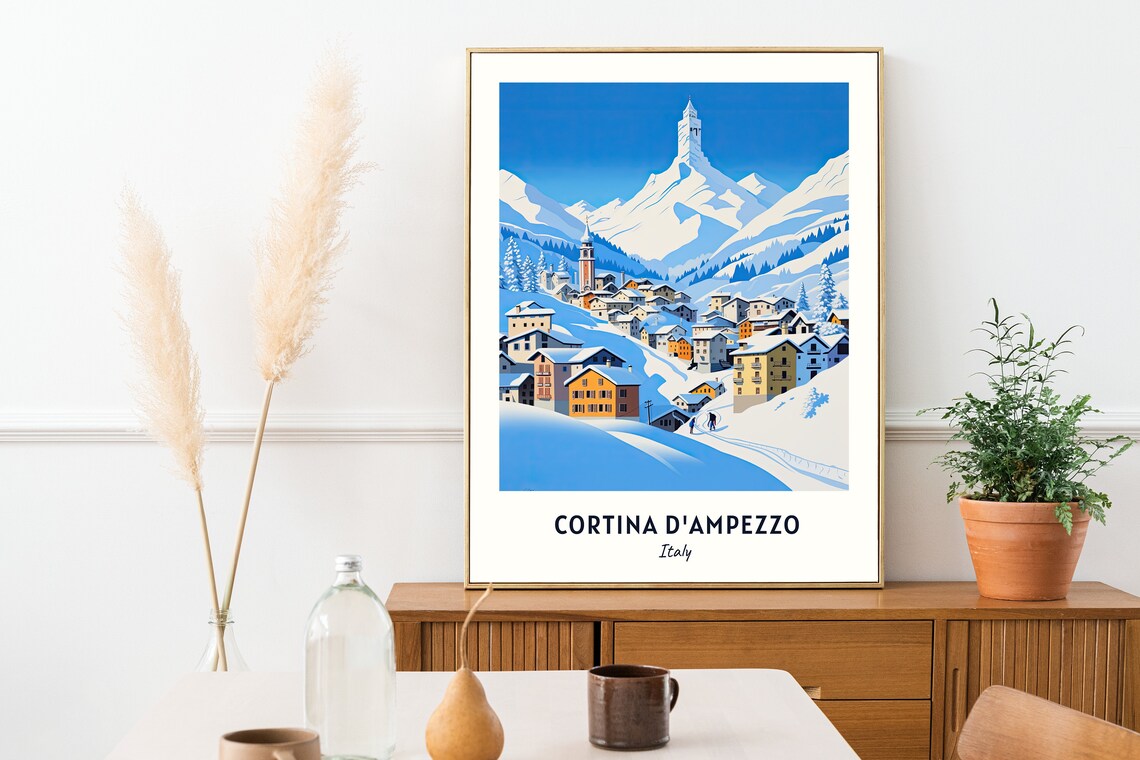 Cortina d'Ampezzo Italy Snowy Alpine Ski Town Bell Tower Travel Poster - Image 2